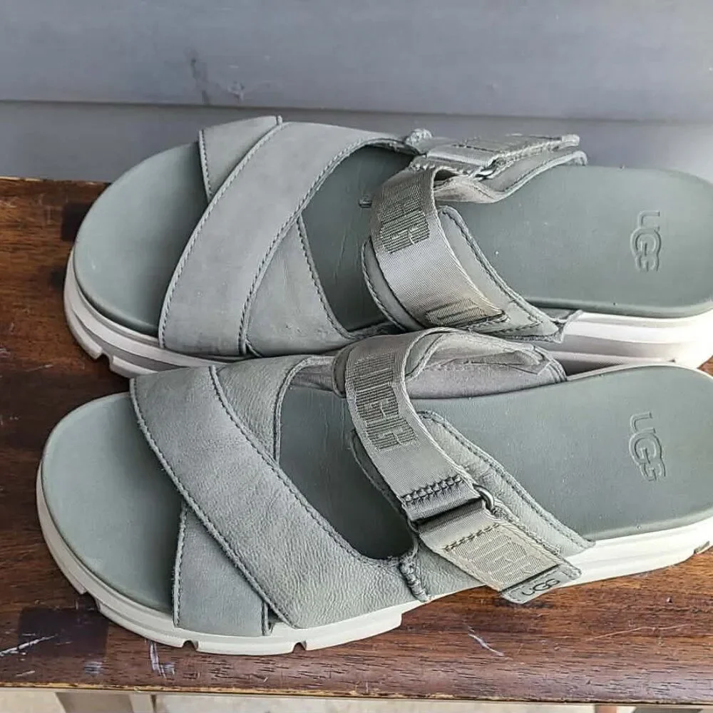UGG Ashton Slide Gray Green Leather Logo Platform Sandals size 10